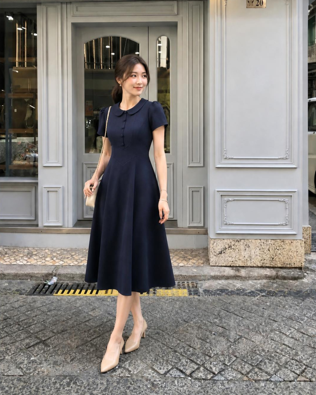 Orla – Váy chữ A Cổ Sen Tay Bồng — Xanh than đậm