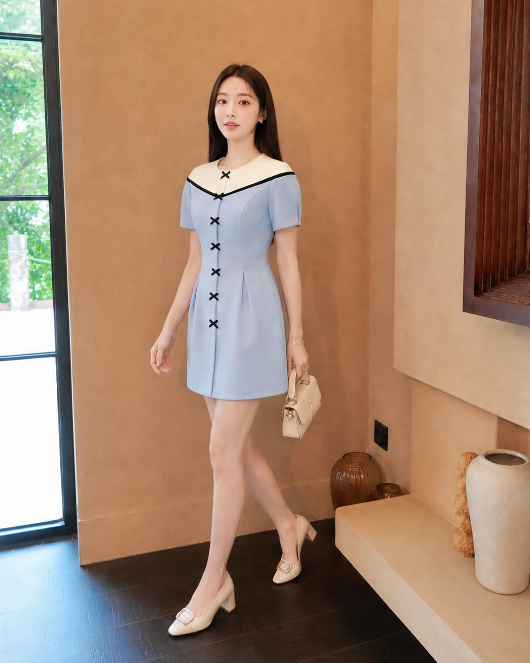 Sena – Váy Mini Cổ tròn Phối màu — Xanh baby