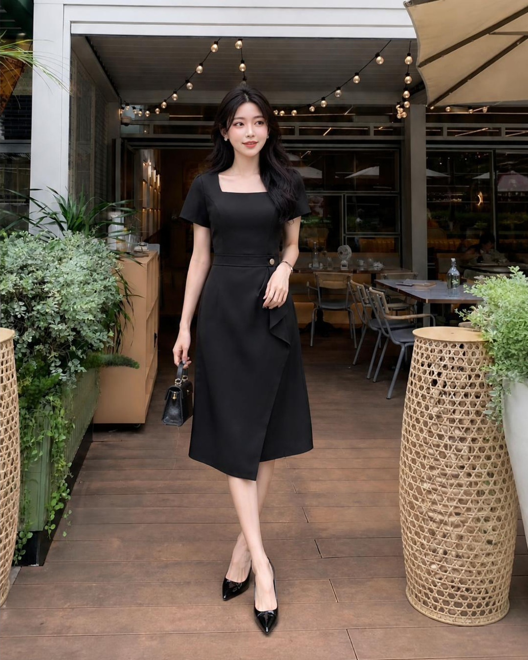 Nini – Váy Xoè A Midi Cổ vuông Bèo Chéo — Đen