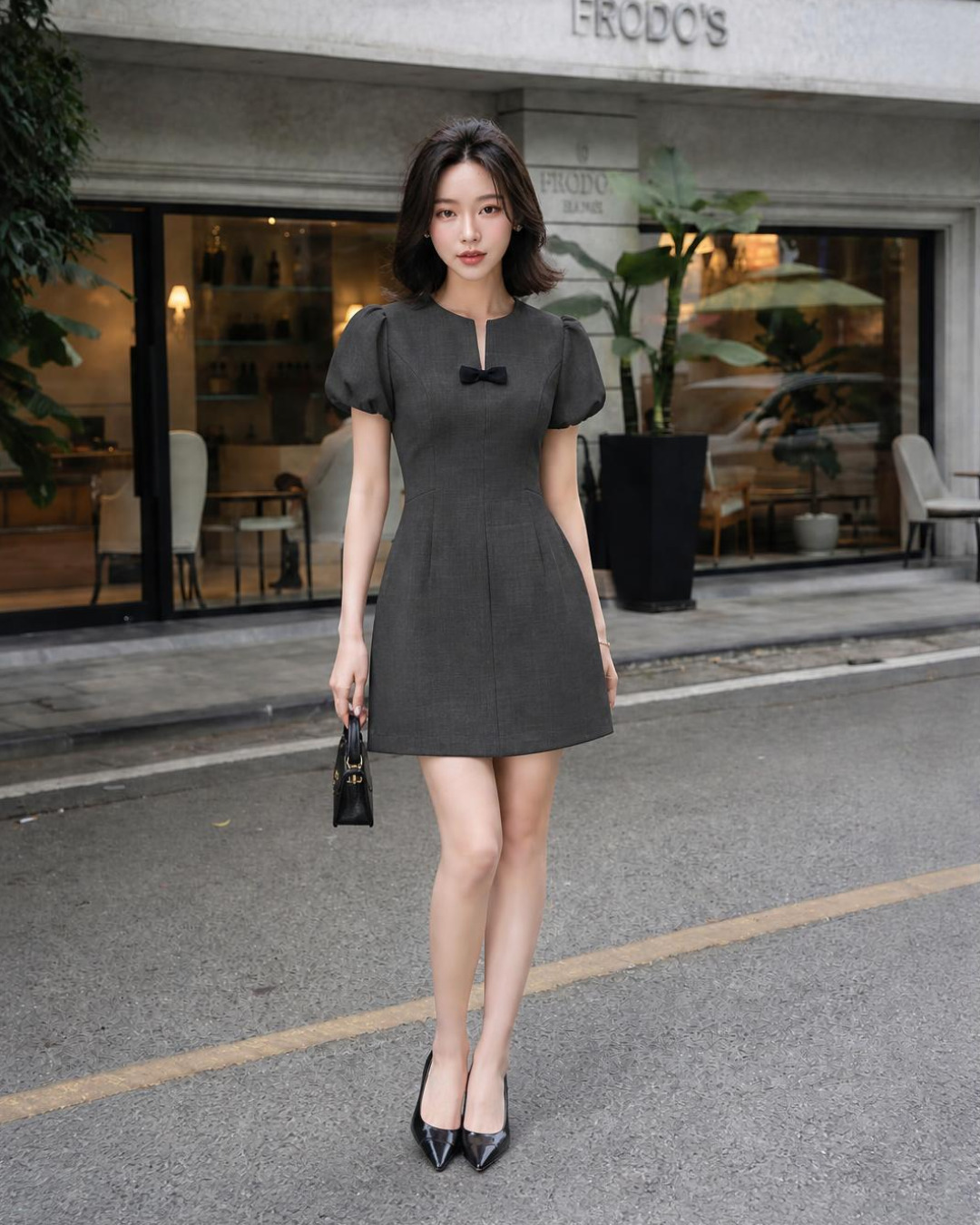 Elisa – Váy chữ A Mini Cổ tròn Xẻ Chữ V Đính Nơ Đen — Xám đậm