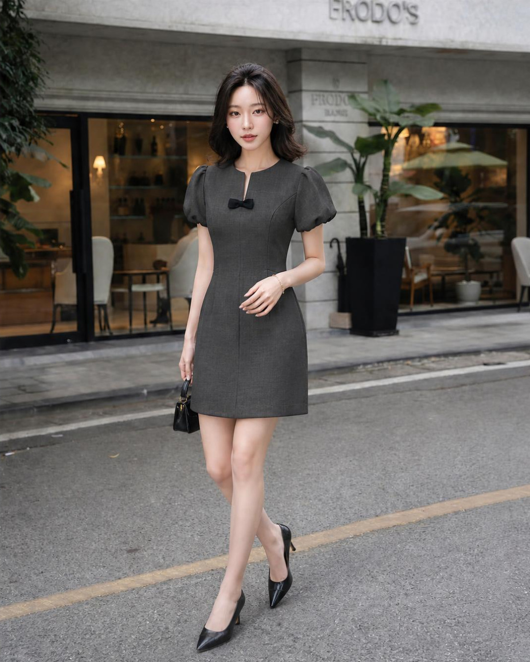 Elisa – Váy chữ A Mini Cổ tròn Xẻ Chữ V Đính Nơ Đen — Xám đậm
