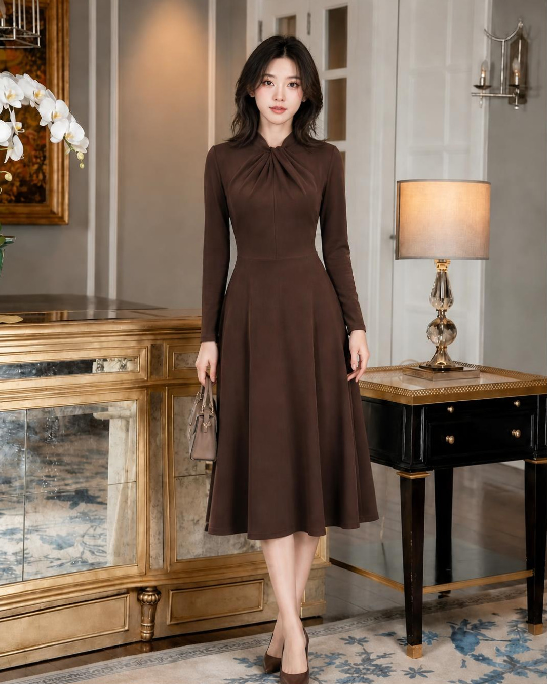 Nadia – Váy Midi Cổ tròn Xoắn Nếp — Nâu chocolate