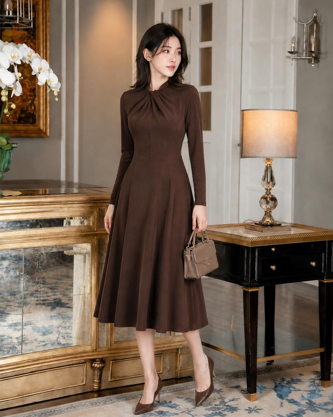 Nadia – Váy Midi Cổ tròn Xoắn Nếp — Nâu chocolate