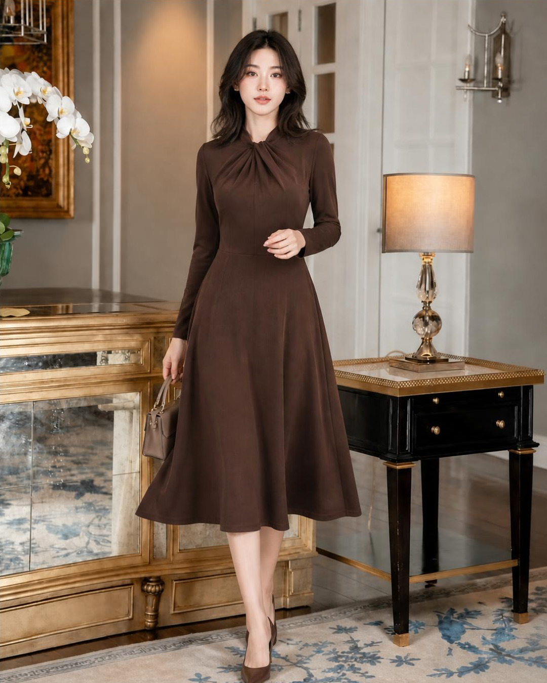 Nadia – Váy Midi Cổ tròn Xoắn Nếp — Nâu chocolate — Chính diện · Toàn thân · Lifestyle
