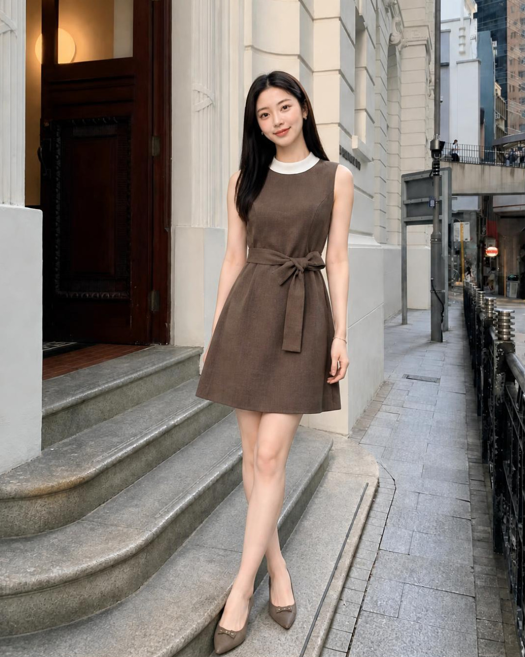Selina – Váy chữ A Mini Cổ tròn Phối Màu Đai Nơ — Nâu xám