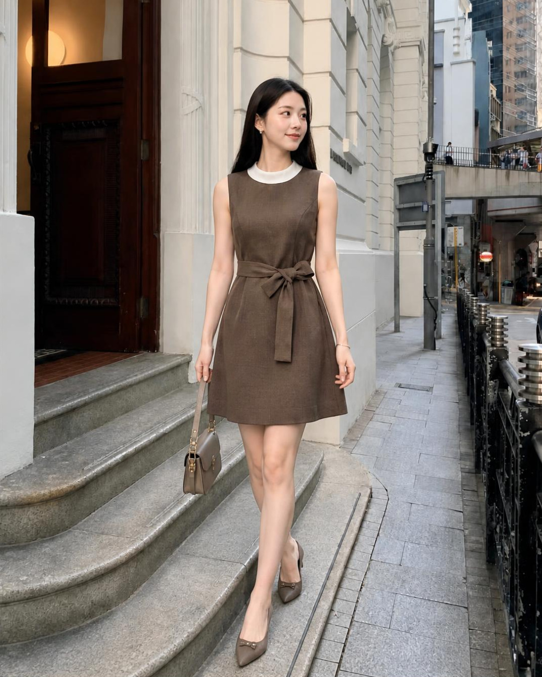 Selina – Váy chữ A Mini Cổ tròn Phối Màu Đai Nơ — Nâu xám