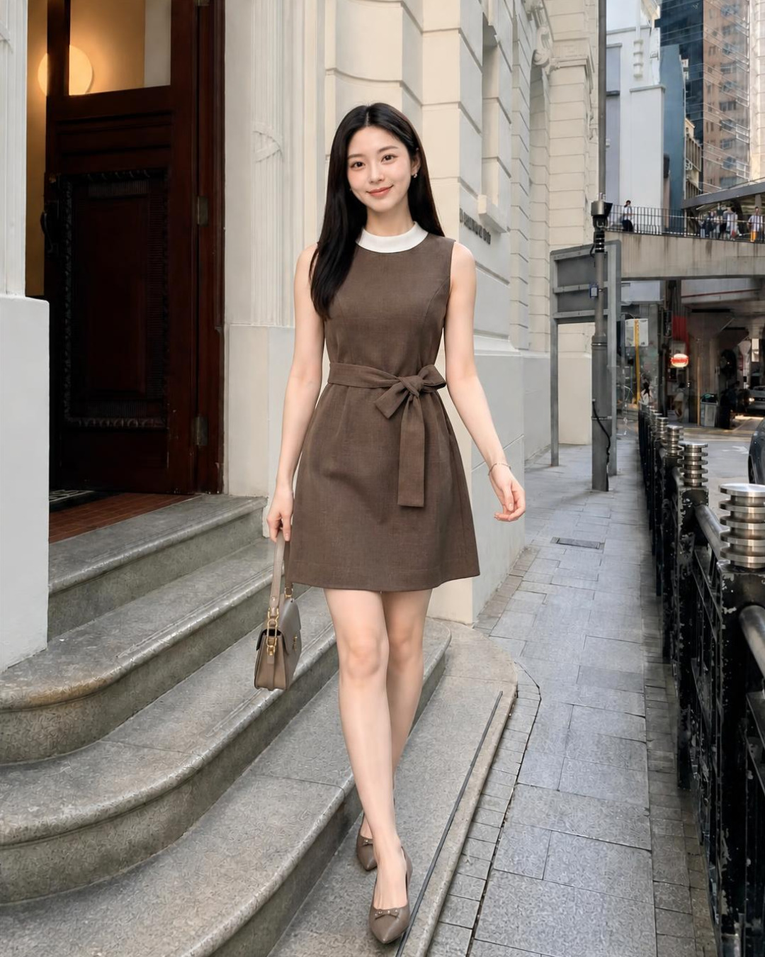 Selina – Váy chữ A Mini Cổ tròn Phối Màu Đai Nơ — Nâu xám