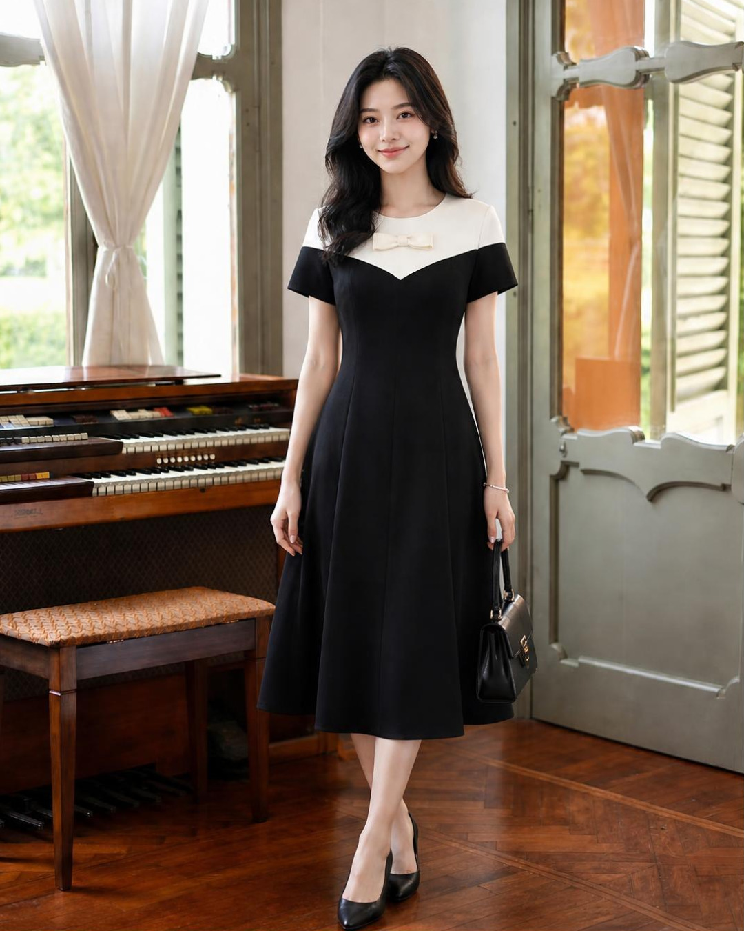 Kana – Váy chữ A Midi Cổ tròn Mix Màu — Đen