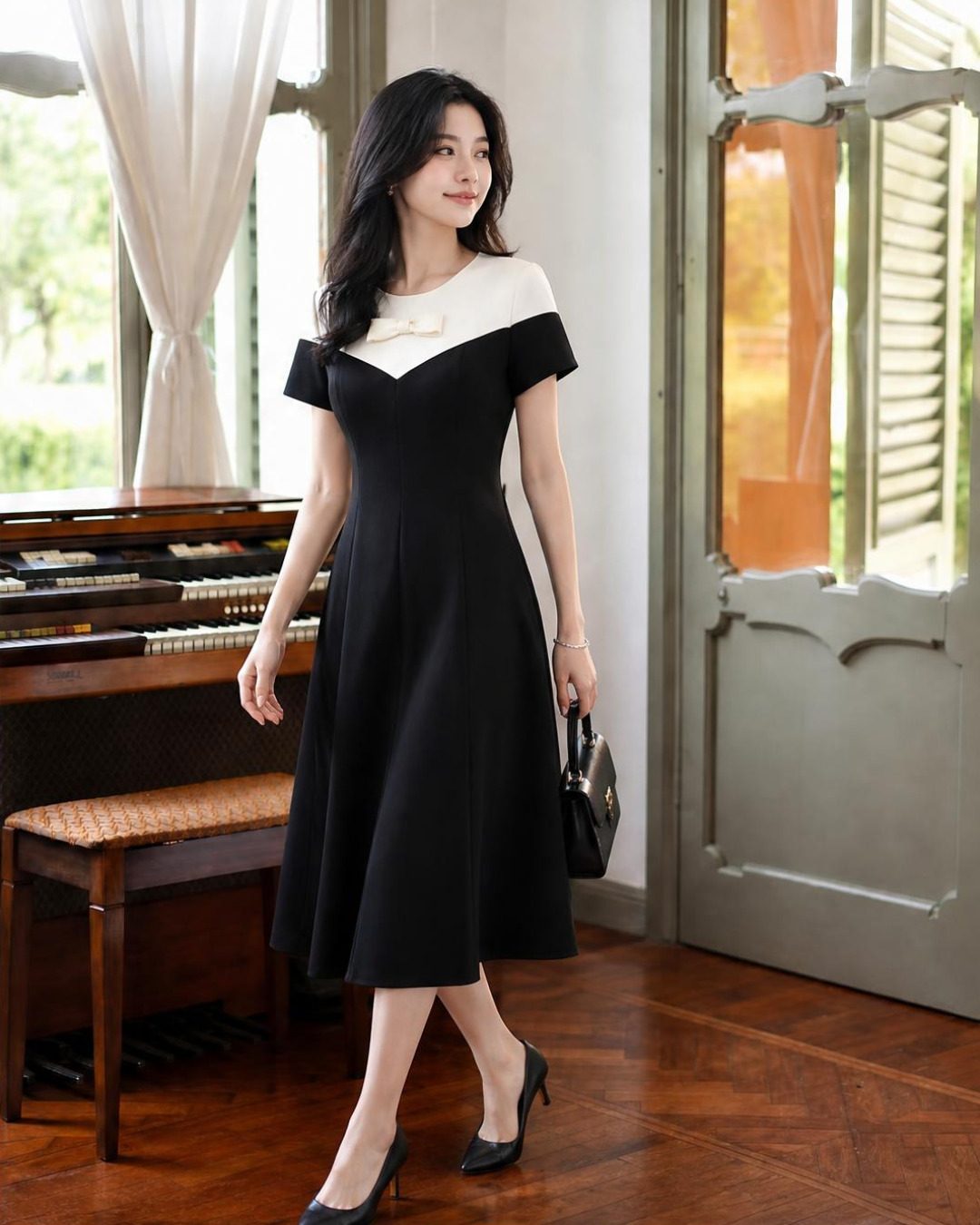 Kana – Váy chữ A Midi Cổ tròn Mix Màu — Đen