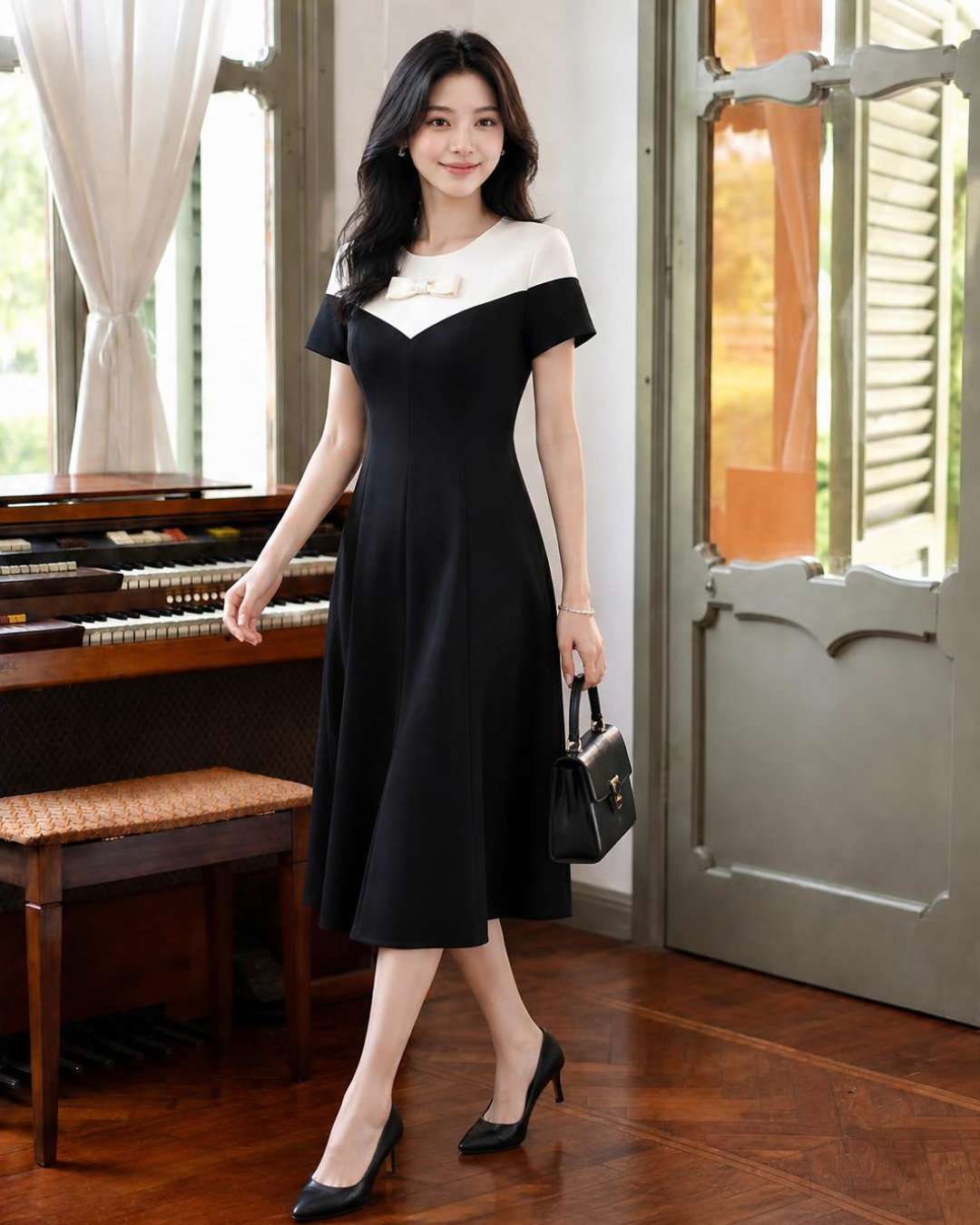 Kana – Váy chữ A Midi Cổ tròn Mix Màu — Đen