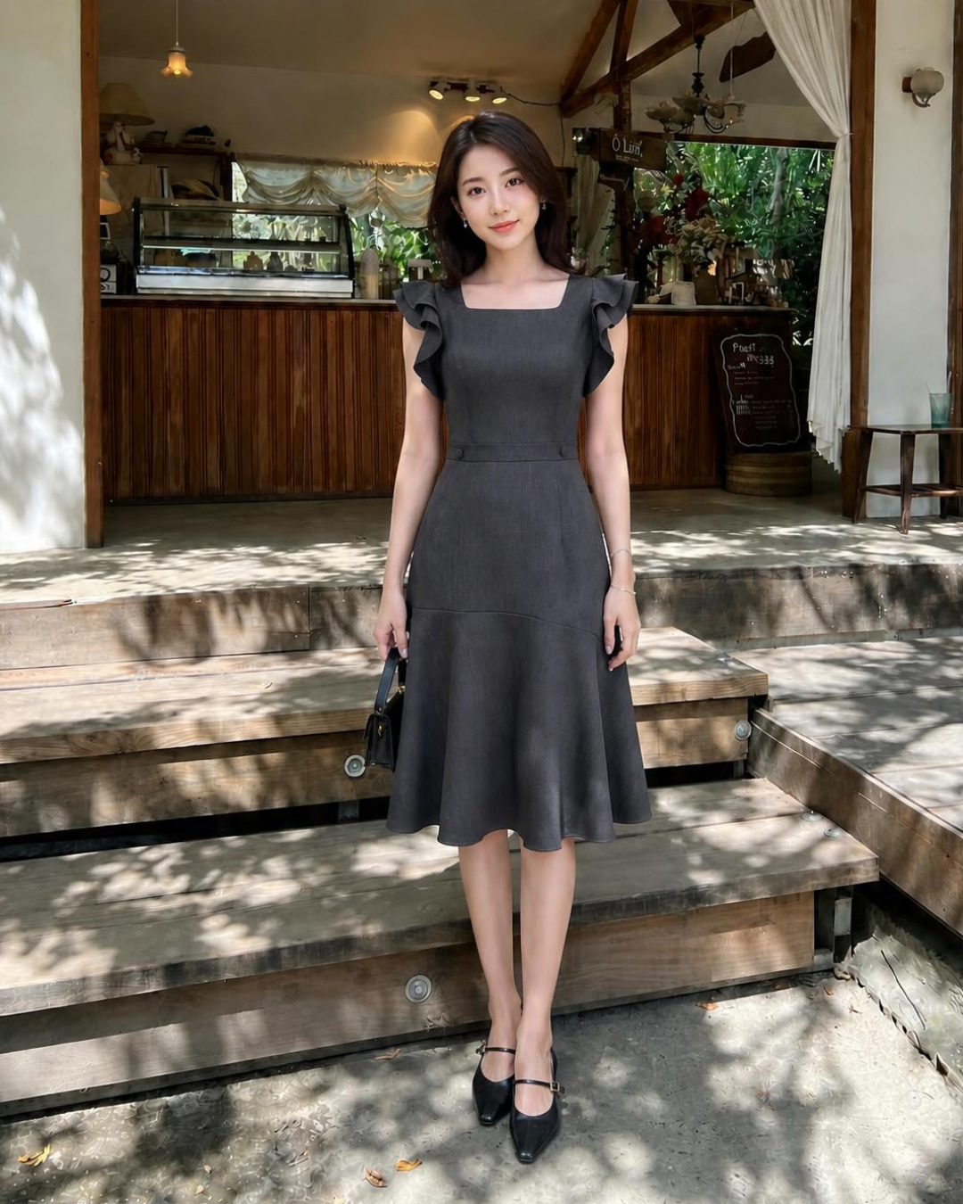 Dari – Váy Midi Cổ vuông Tay Bèo Tùng Xoè Rủ — Xám đậm