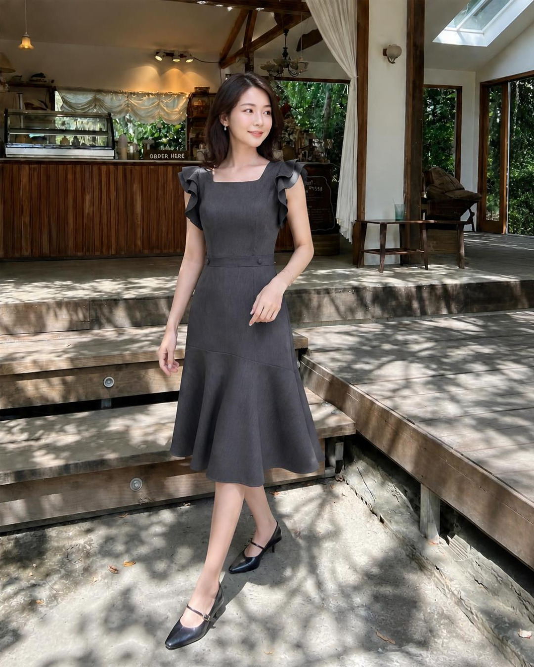 Dari – Váy Midi Cổ vuông Tay Bèo Tùng Xoè Rủ — Xám đậm