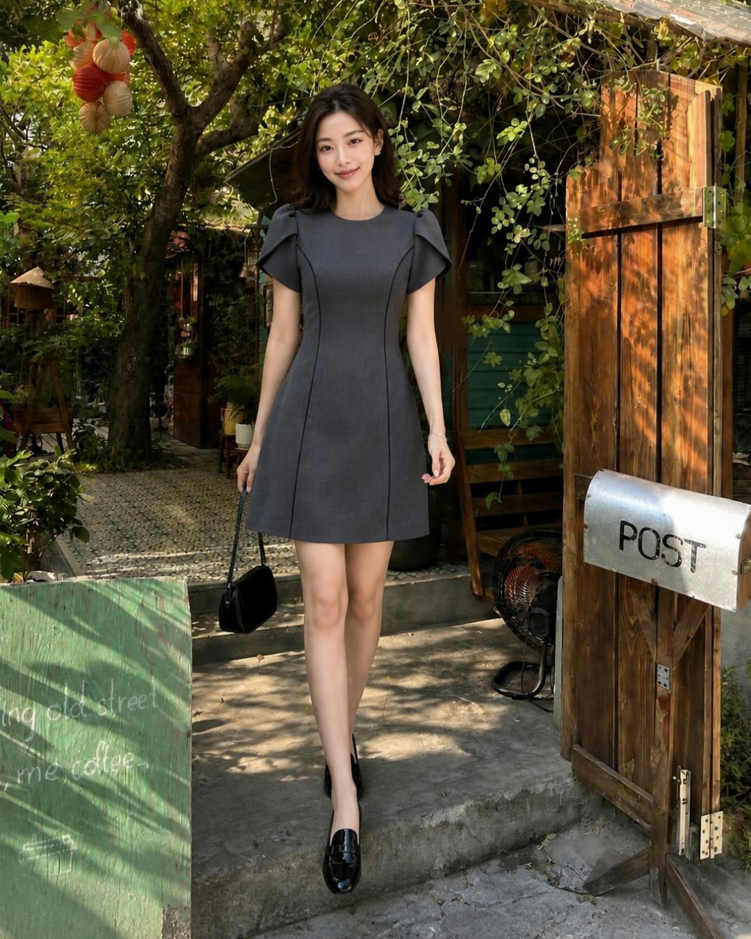 Zyra – Váy Mini Cổ tròn Tay Nụ Hoa Hồng — Xám đậm