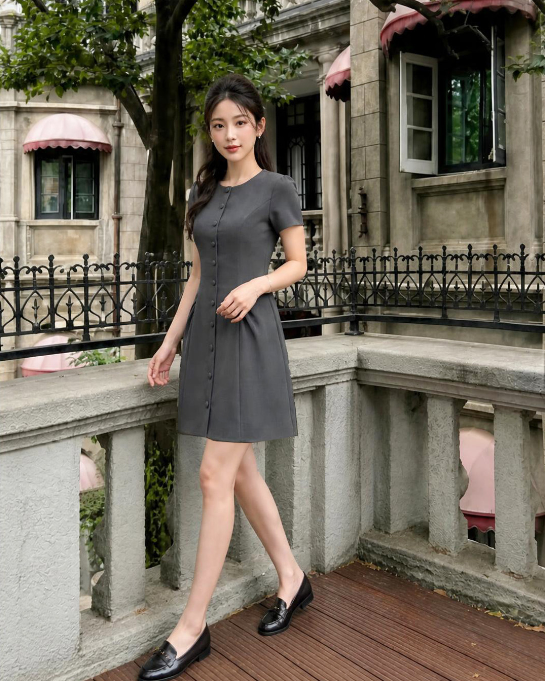 Camila – Váy Mini Cổ Tròn Tay Cộc Nhún 2 Bên Hông — Xám đậm