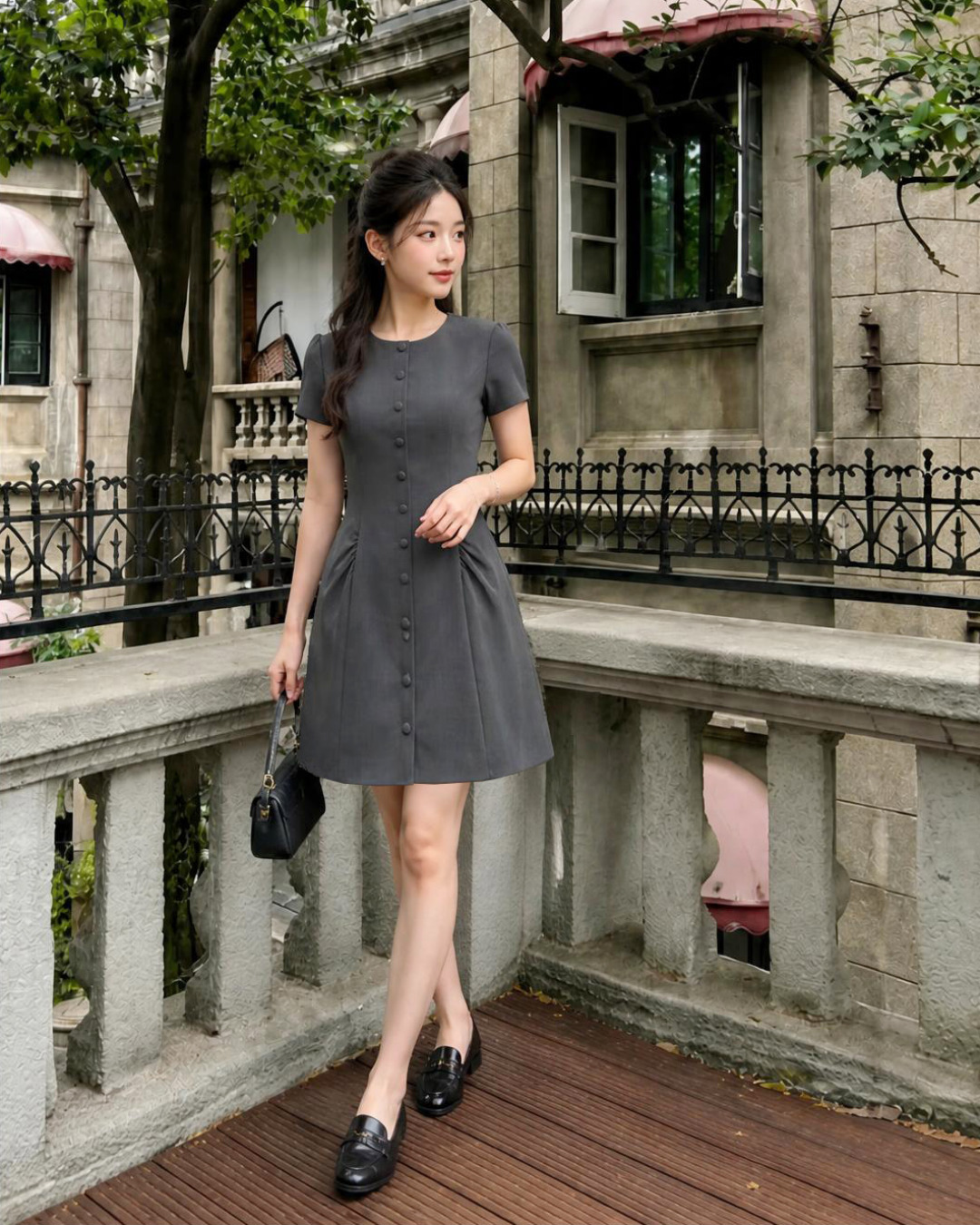 Camila – Váy Mini Cổ Tròn Tay Cộc Nhún 2 Bên Hông — Xám đậm