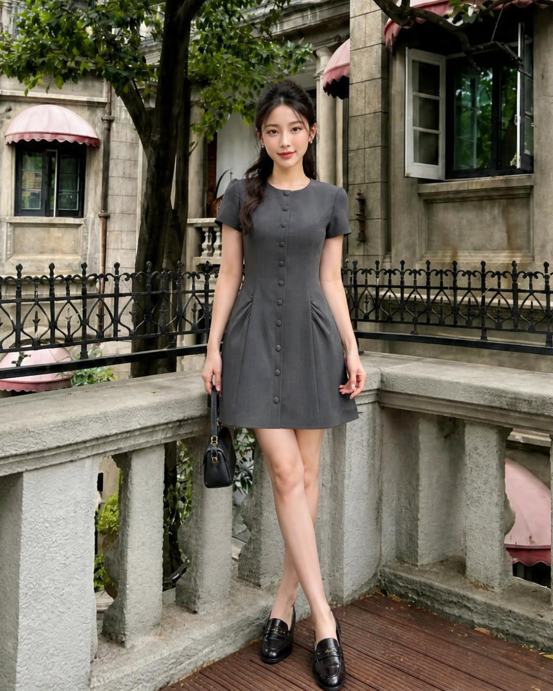 Camila – Váy Mini Cổ Tròn Tay Cộc Nhún 2 Bên Hông — Xám đậm
