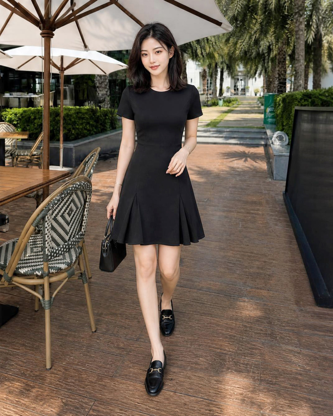 Sasa – Váy Mini Cổ Tròn Tay Cộc  Tùng Váy Xoè  Kẹp Bèo Hai Bên — Đen