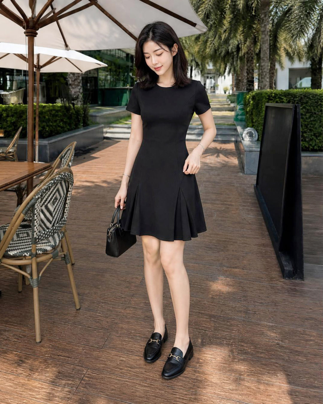 Sasa – Váy Mini Cổ Tròn Tay Cộc  Tùng Váy Xoè  Kẹp Bèo Hai Bên — Đen