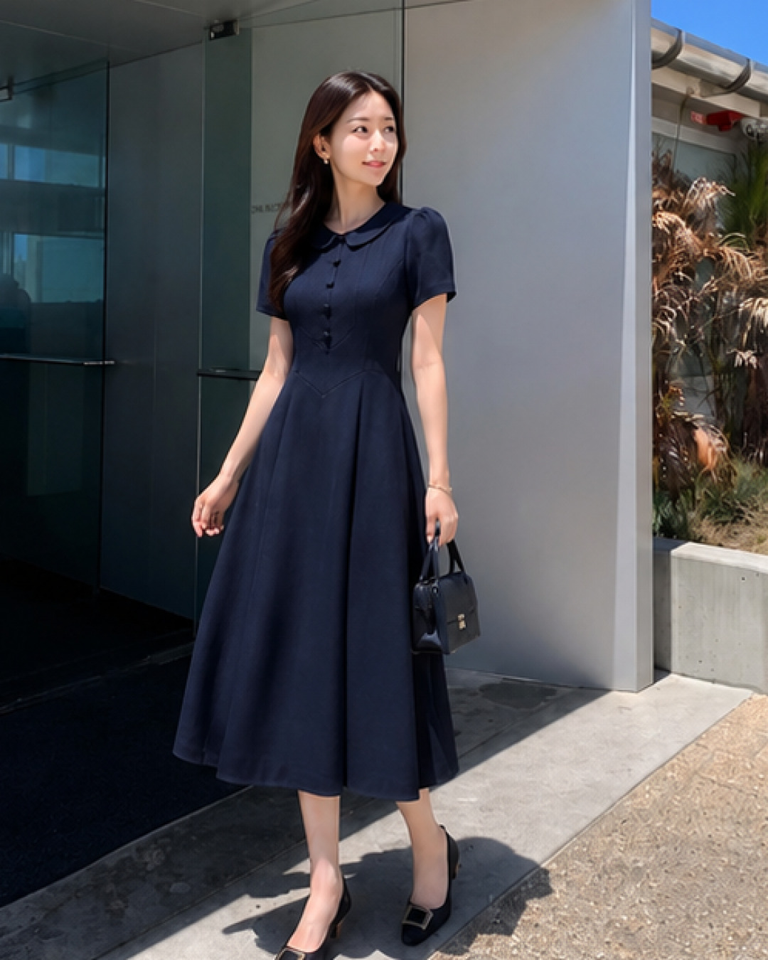 Orla – Váy chữ A Cổ Sen Tay Bồng — Xanh than đậm