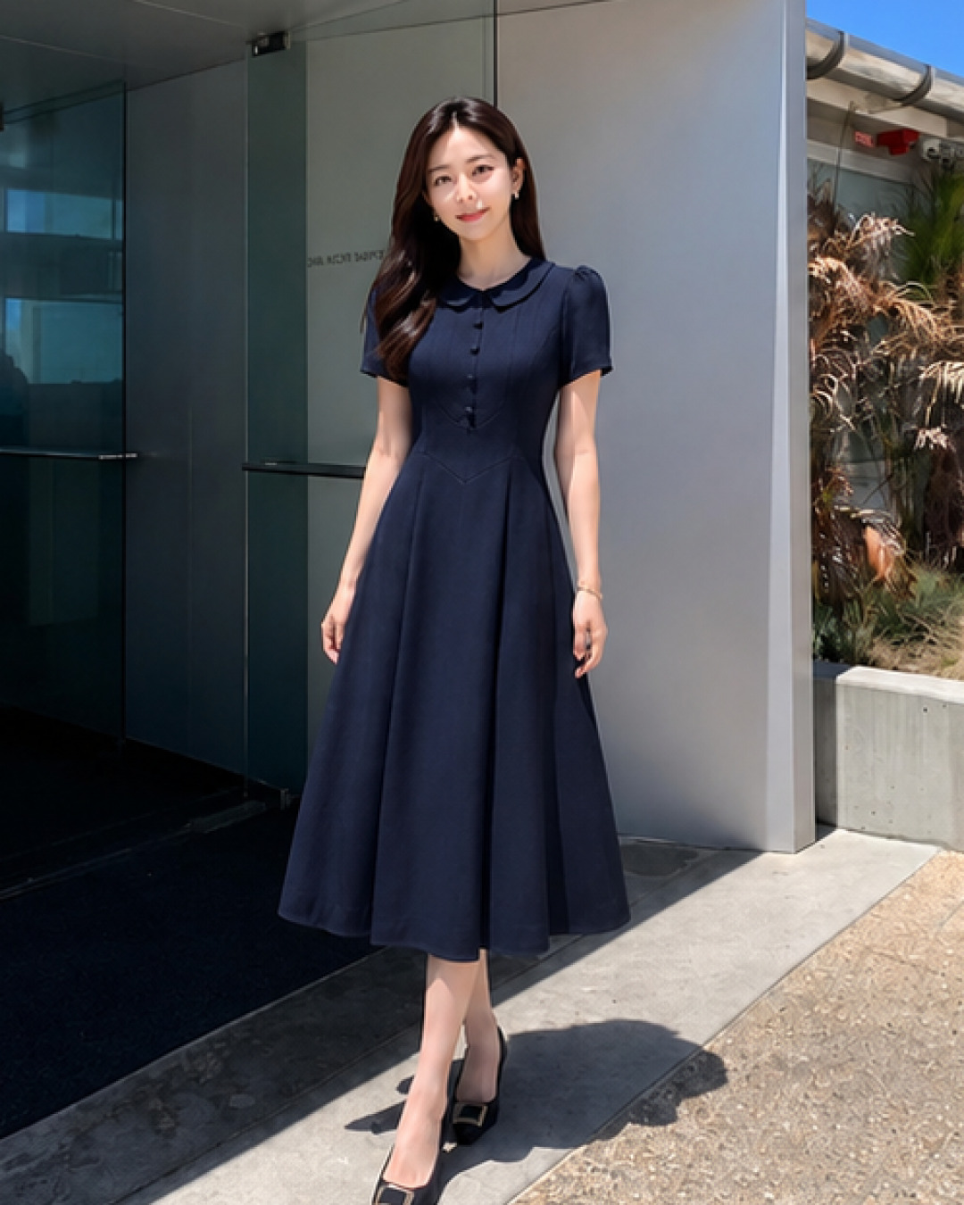 Orla – Váy chữ A Cổ Sen Tay Bồng — Xanh than đậm